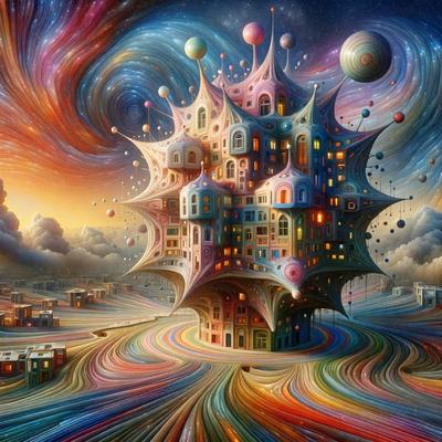 The primary subject of the image is a large, colorful building with many windows and a unique, multi-layered structure. The building is situated in a vibrant, colorful landscape, which adds to the overall atmosphere of the scene. The visual style of the image is a combination of digital art and illustration, creating a whimsical and imaginative scene. The colors and mood of the image are predominantly bright and cheerful, with a sense of playfulness and creativity.